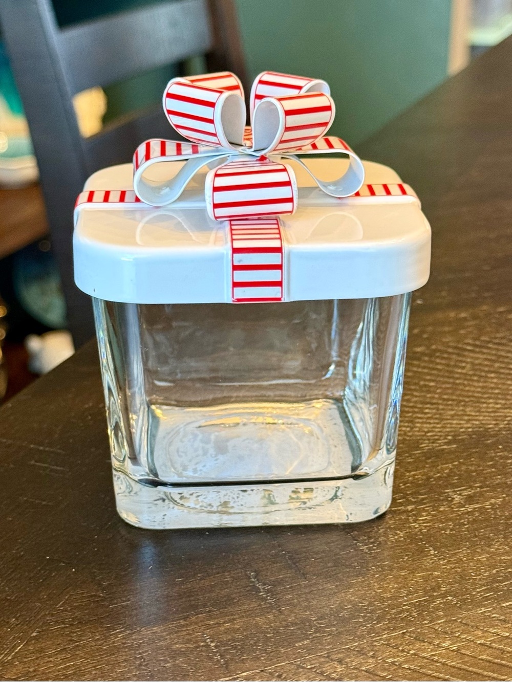 Vintage PartyLite Clear Glass Square Jar with Red/White Stripped Bow